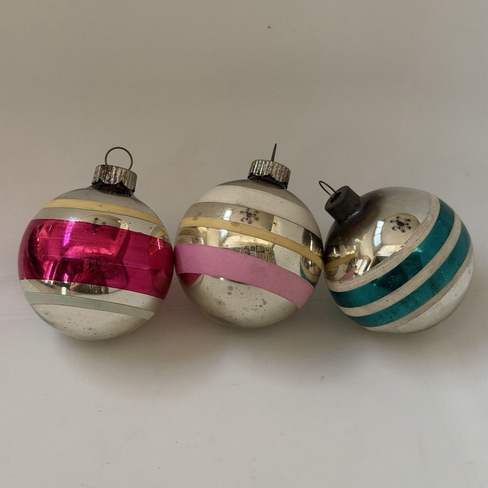 Vintage Shiny Brite Glass Christmas Ornaments 2” USA Set of 3 Striped